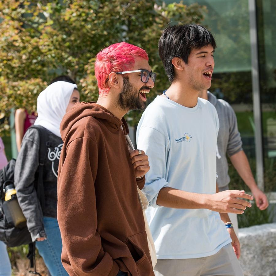 Two students walk on campus one with pink hair